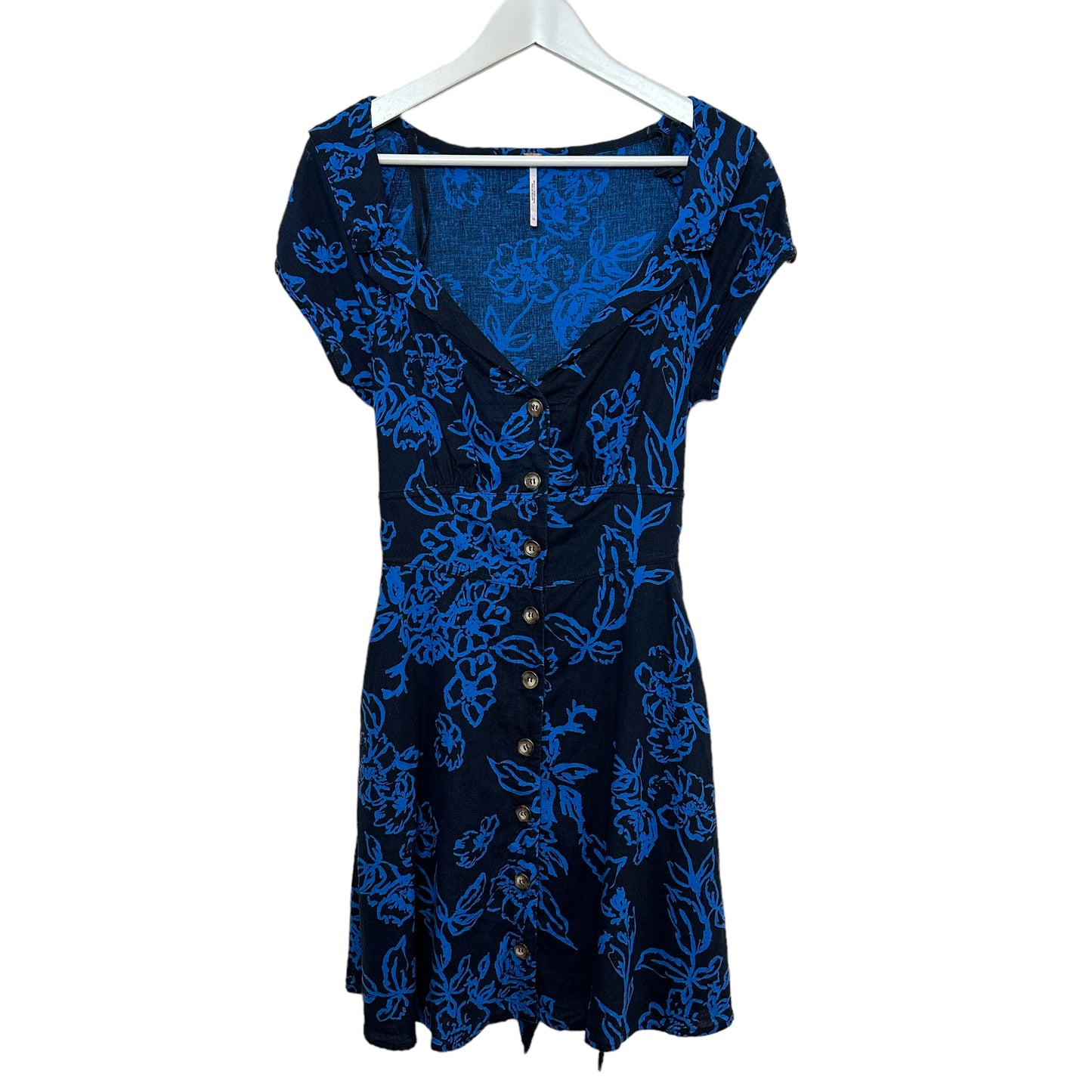 Free People Thing Called Love Navy Blue Floral Linen Mini Dress 10