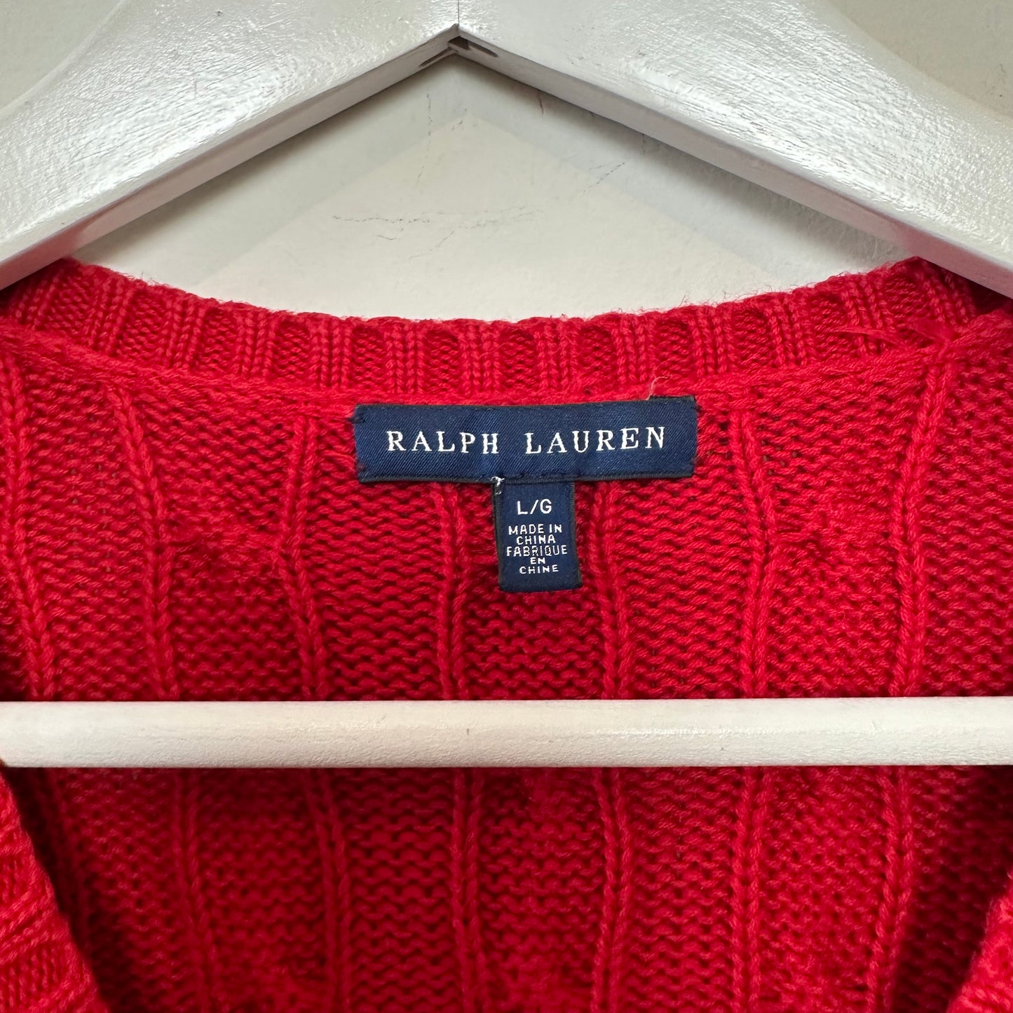 Ralph Lauren Cable-Knit Cotton V-Neck Sweater Red Silver Long Sleeve Large