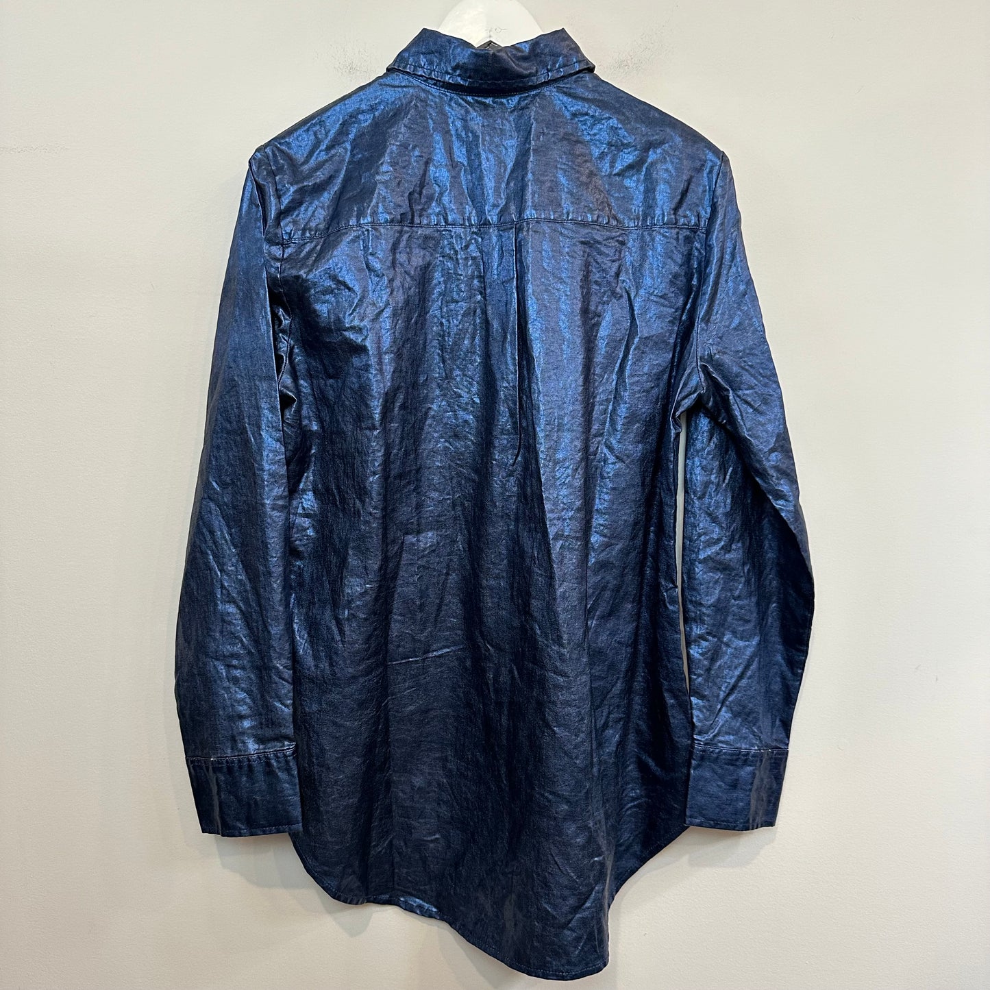 NWT Lanhtropy San Marino Linen Metallic Print Long Sleeve Shirt Collared Deep Blue Large