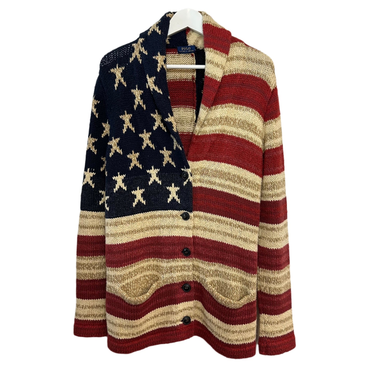 Polo Ralph Lauren American Flag Cardigan Sweater Chunky Knit Shawl Collar USA