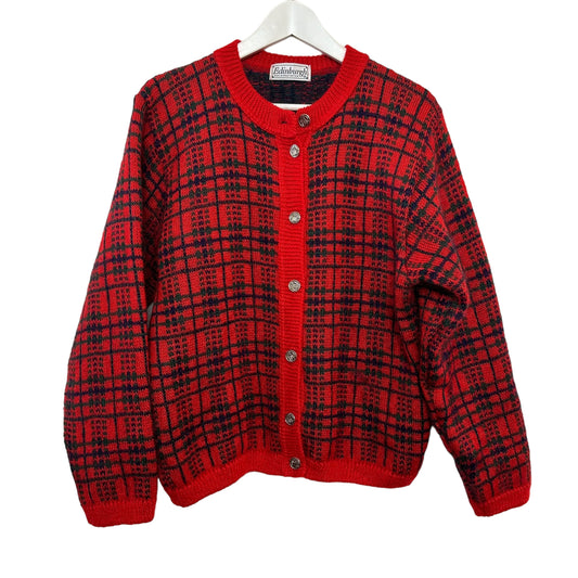 Vintage 80s Edinburg Mohair Cardigan Sweater Plaid Red Green Holiday Preppy M