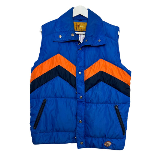 Vintage 70s Camel Goose Down Puffer Vest Goose Feathers Blue Striped Orange Large