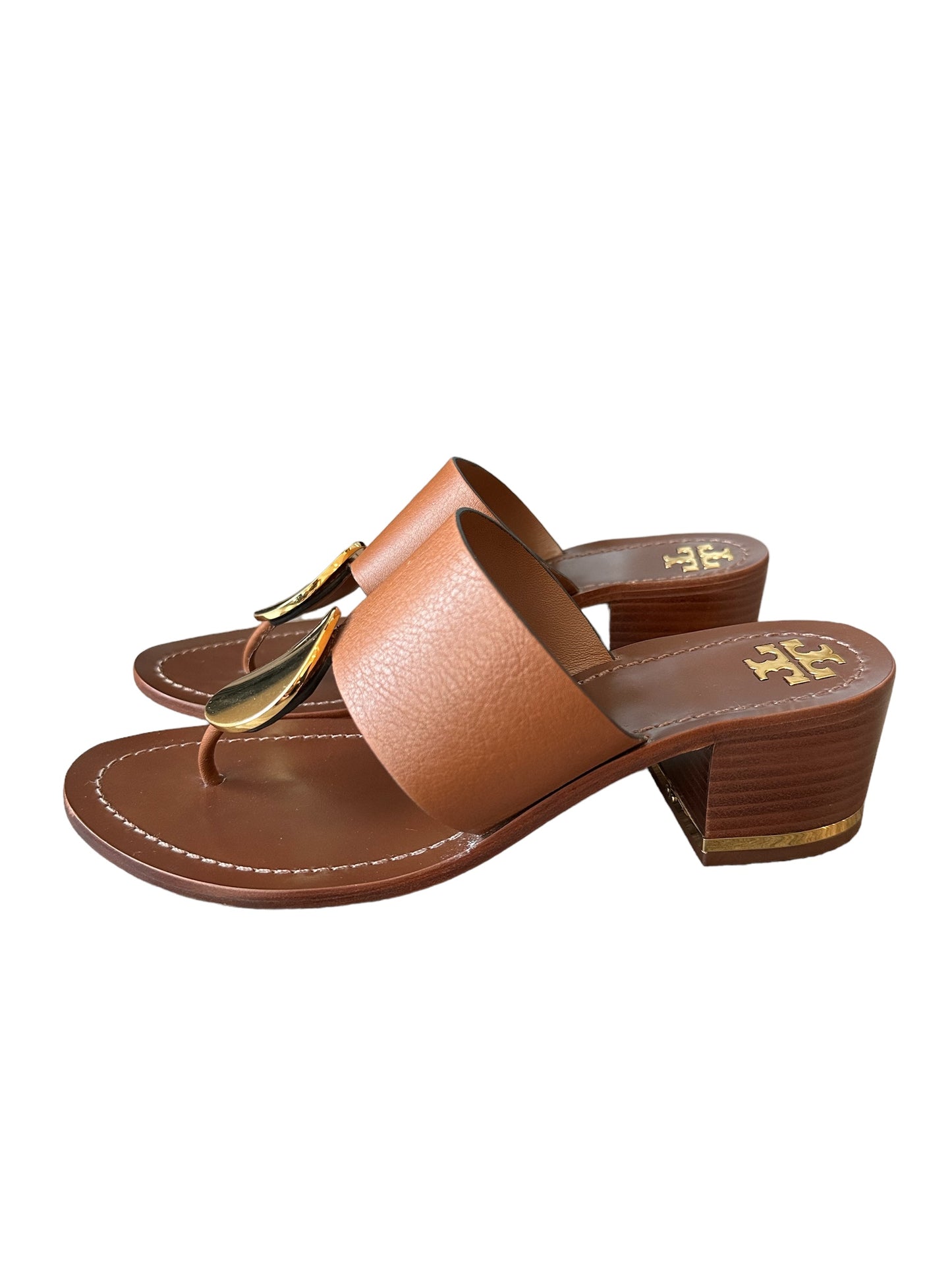 Tory Burch Patos Disk Mid-Heel Sandal Block Brown Leather Gold Retro 8