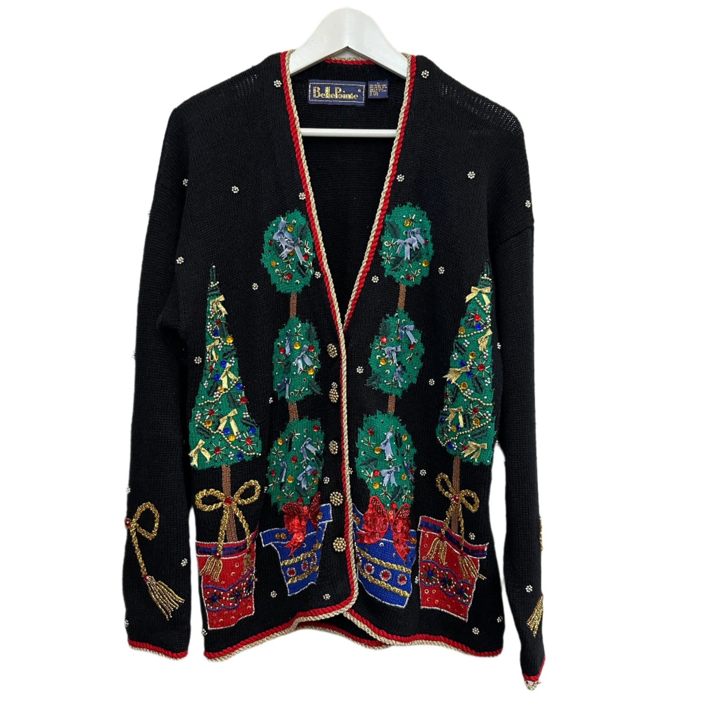 Vintage BellePointe Christmas Cardigan Sweater Beaded Trees Topiary Embroidered Small