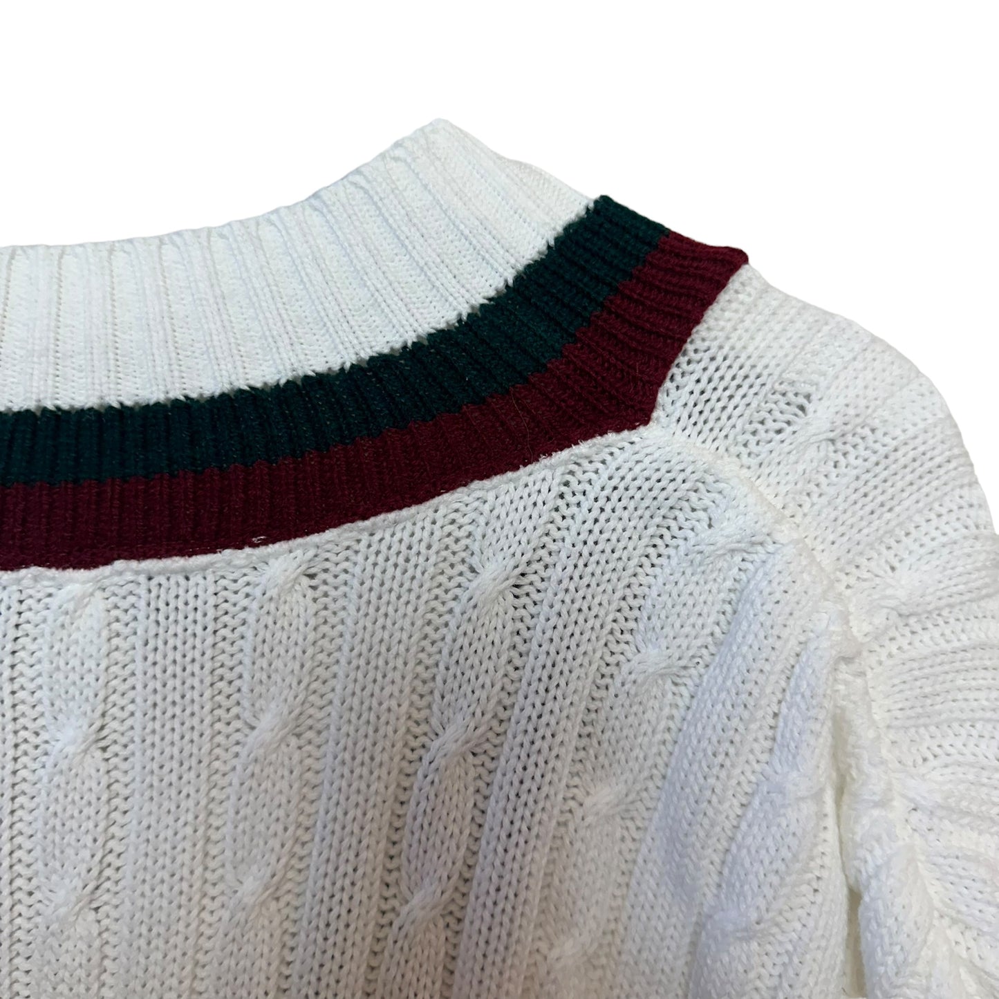 Retro Y2K V-Neck Sweater Tennis Hall of Fame 50th Anniversary White Cable Knit Large