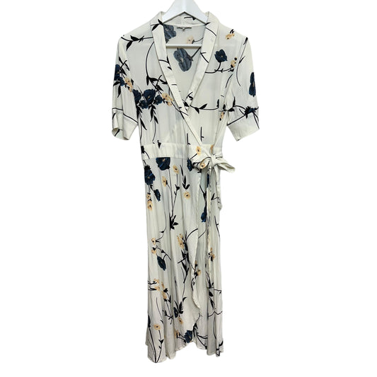 Ganni Dalton Crepe Wrap Dress Floral White Short Sleeve Midi Kimono 40