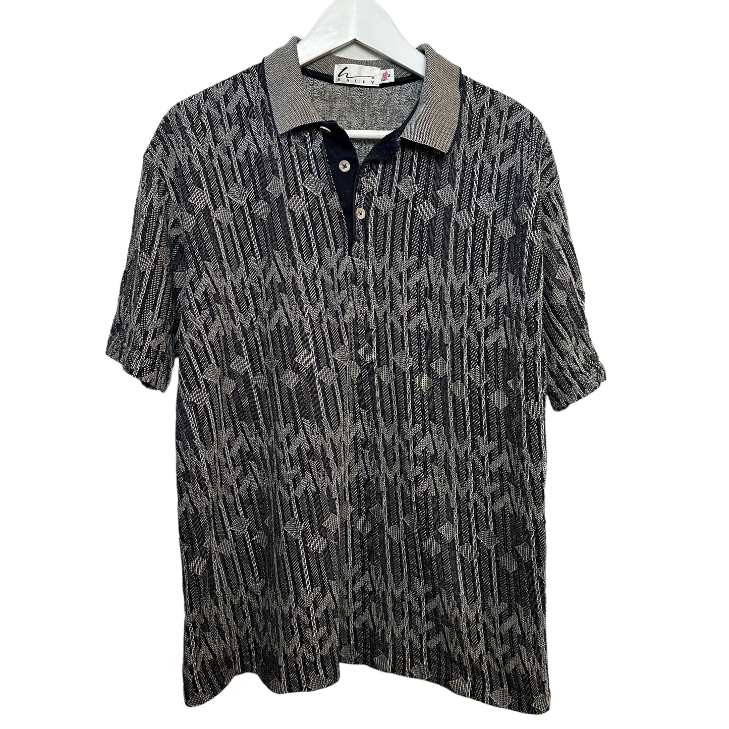 Vintage 90s Haley Polo Shirt Golf Geometric Patterned Black Collared Medium
