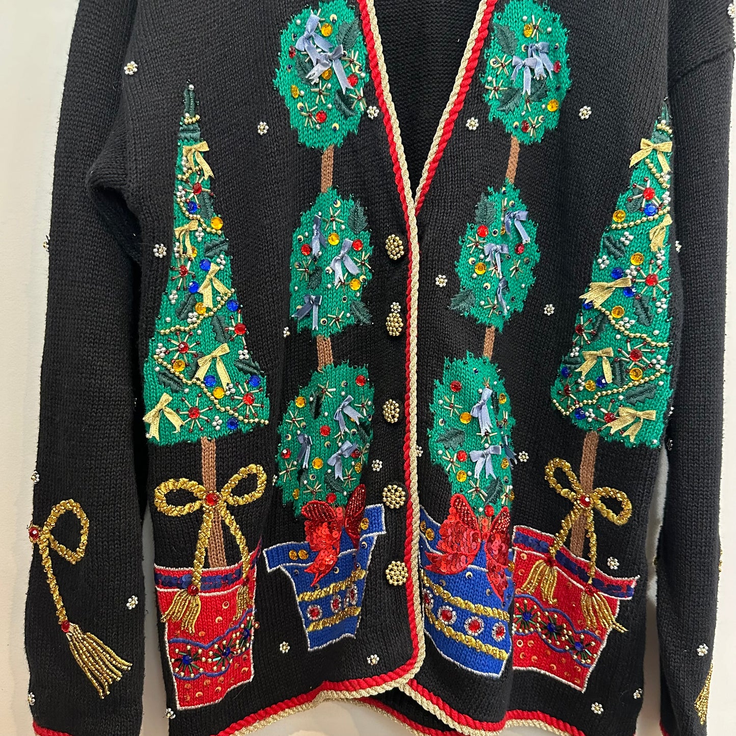 Vintage BellePointe Christmas Cardigan Sweater Beaded Trees Topiary Embroidered Small