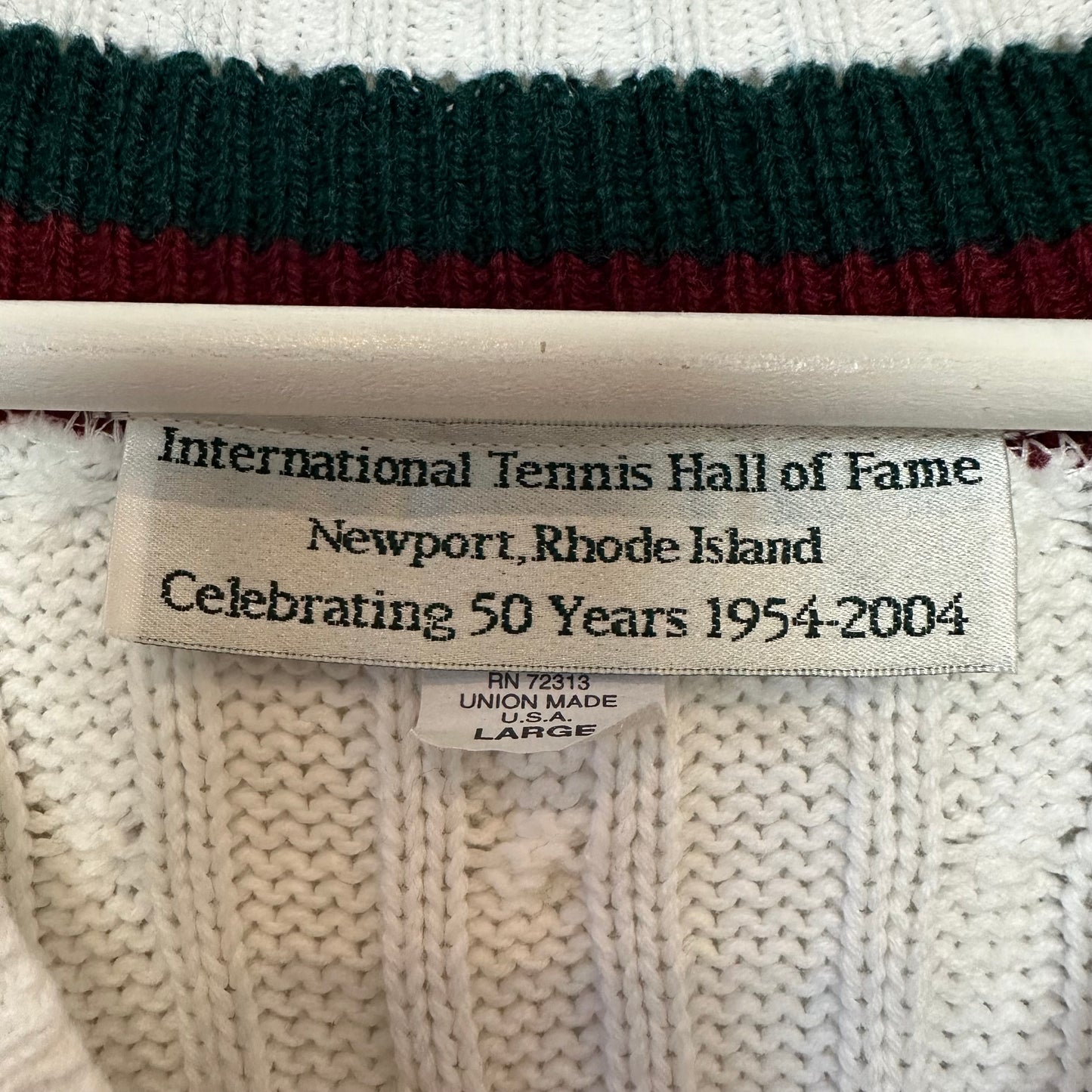 Retro Y2K V-Neck Sweater Tennis Hall of Fame 50th Anniversary White Cable Knit Large