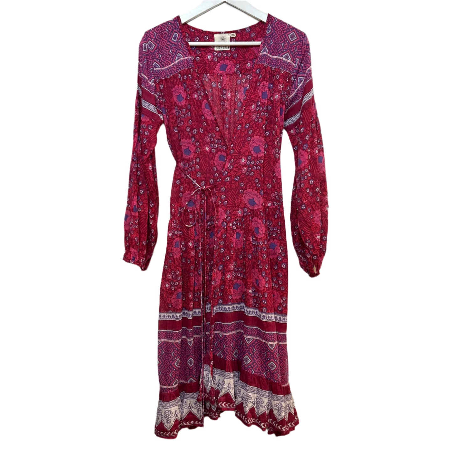 Blue Boheme Wrap Dress One Size Floral Long Sleeve Midi Boho Cotton