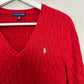 Ralph Lauren Cable-Knit Cotton V-Neck Sweater Red Silver Long Sleeve Large