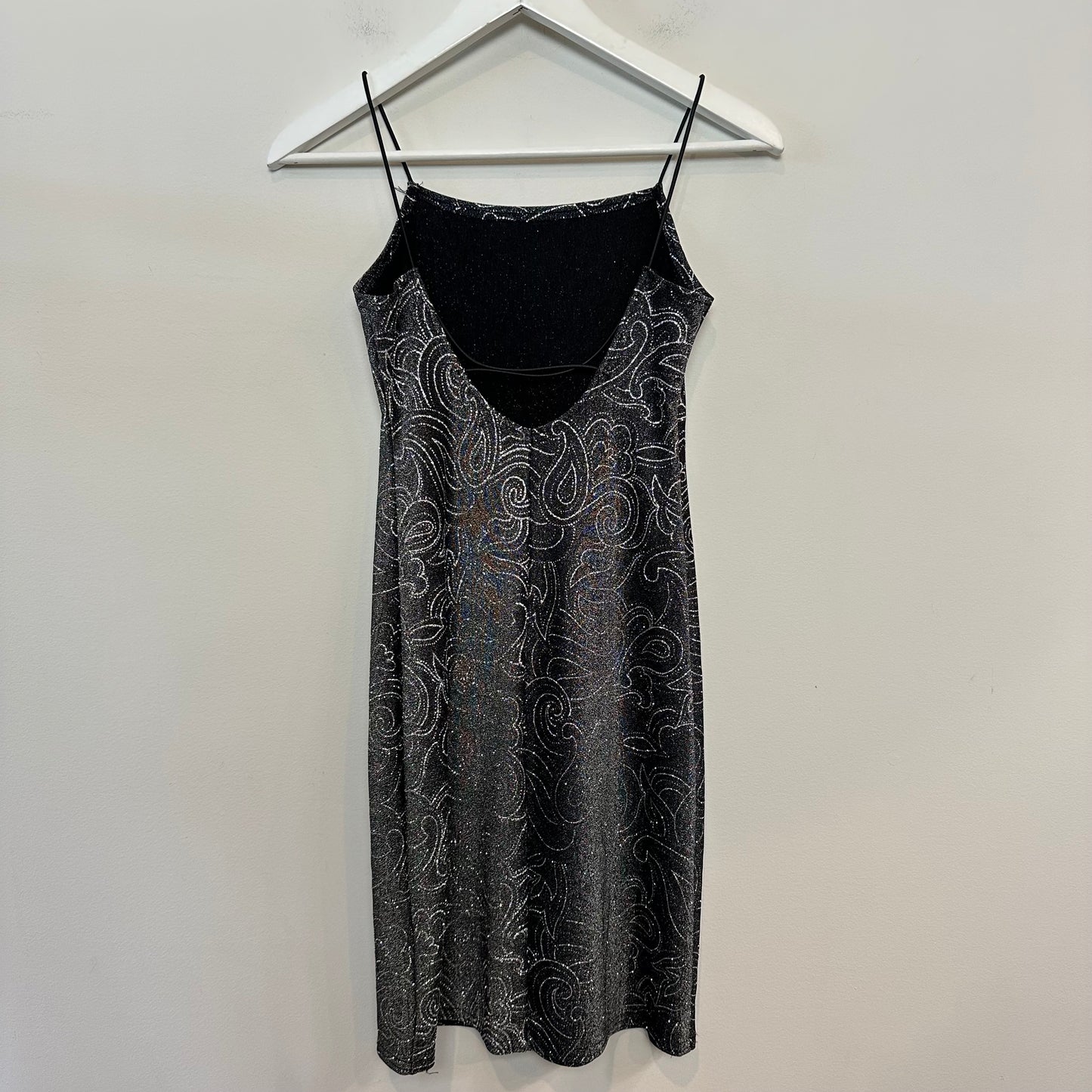 Vintage Y2K 90s Jump Mini Dress Sparkly Glitter Metallic Silver Black 3/4 XS