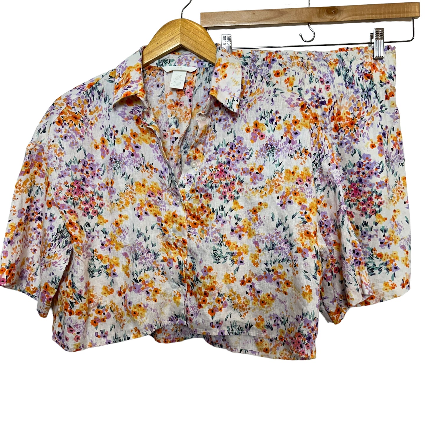 H&M Linen Cropped Shirt and Shorts Set Floral Matching Coordinating XS