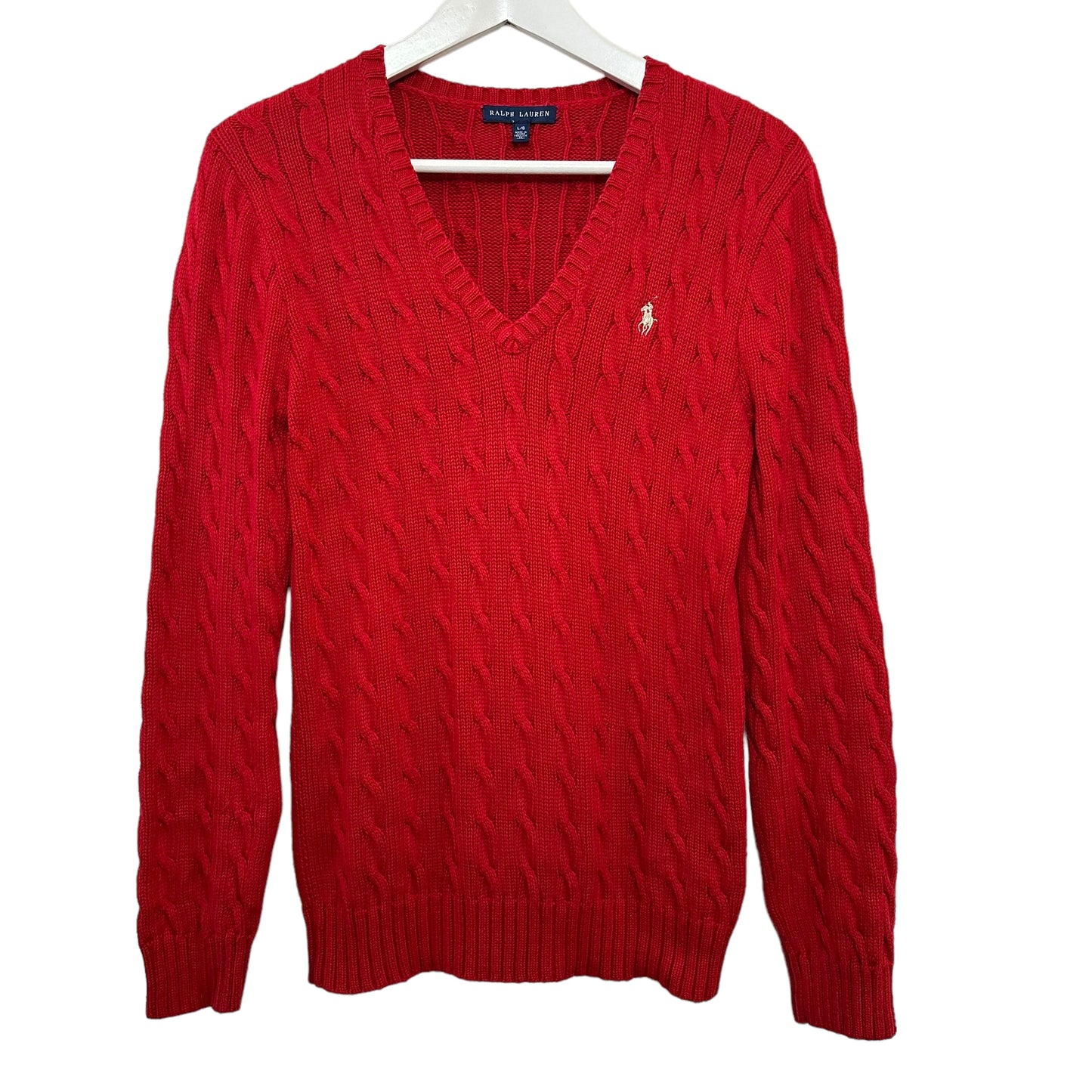 Ralph Lauren Cable-Knit Cotton V-Neck Sweater Red Silver Long Sleeve Large