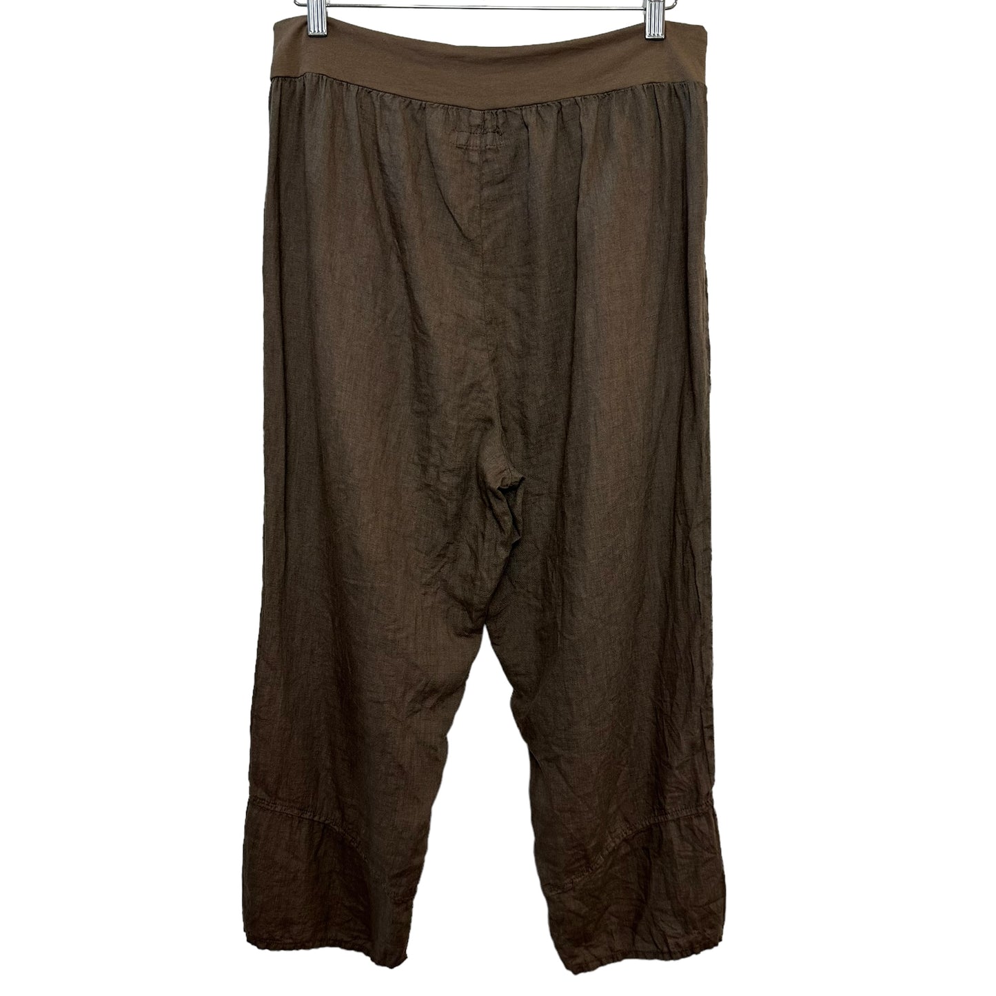 Flax Linen Pants Drawstring Waistband Pull On Brown Tapered Medium