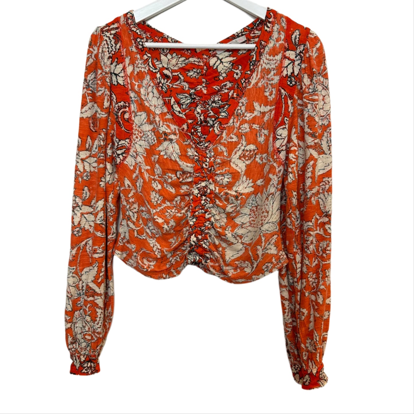 Free People Say the Word Ruched Cropped Top Long Sleeve Floral Small