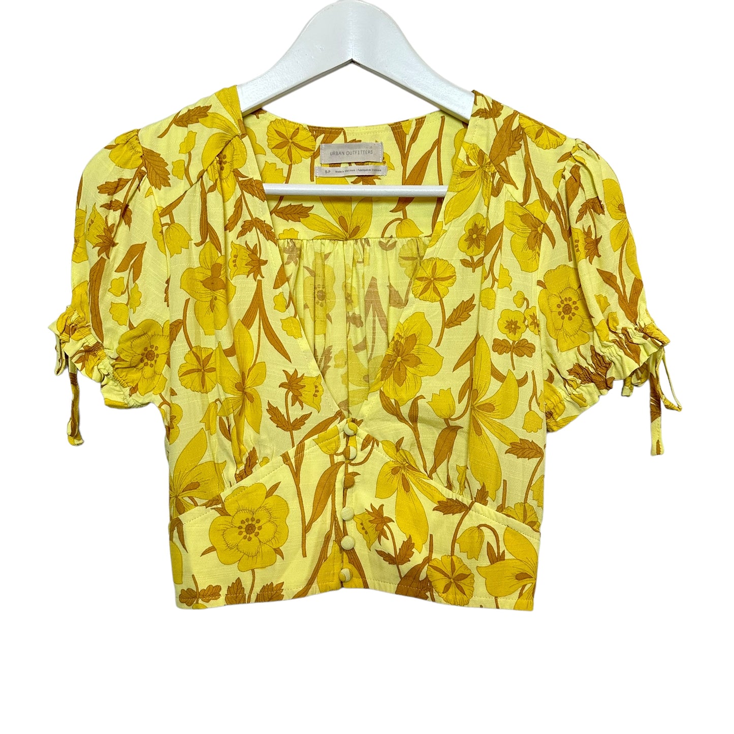 Urban Outfitters Eden Crepe Yellow Cropped Top Button Down Yellow Floral Small