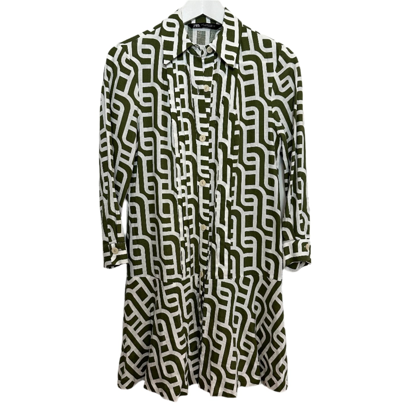 Zara Mini Dress Drop Waist Linen Blend Green Geometric Shirtdress Collared XS