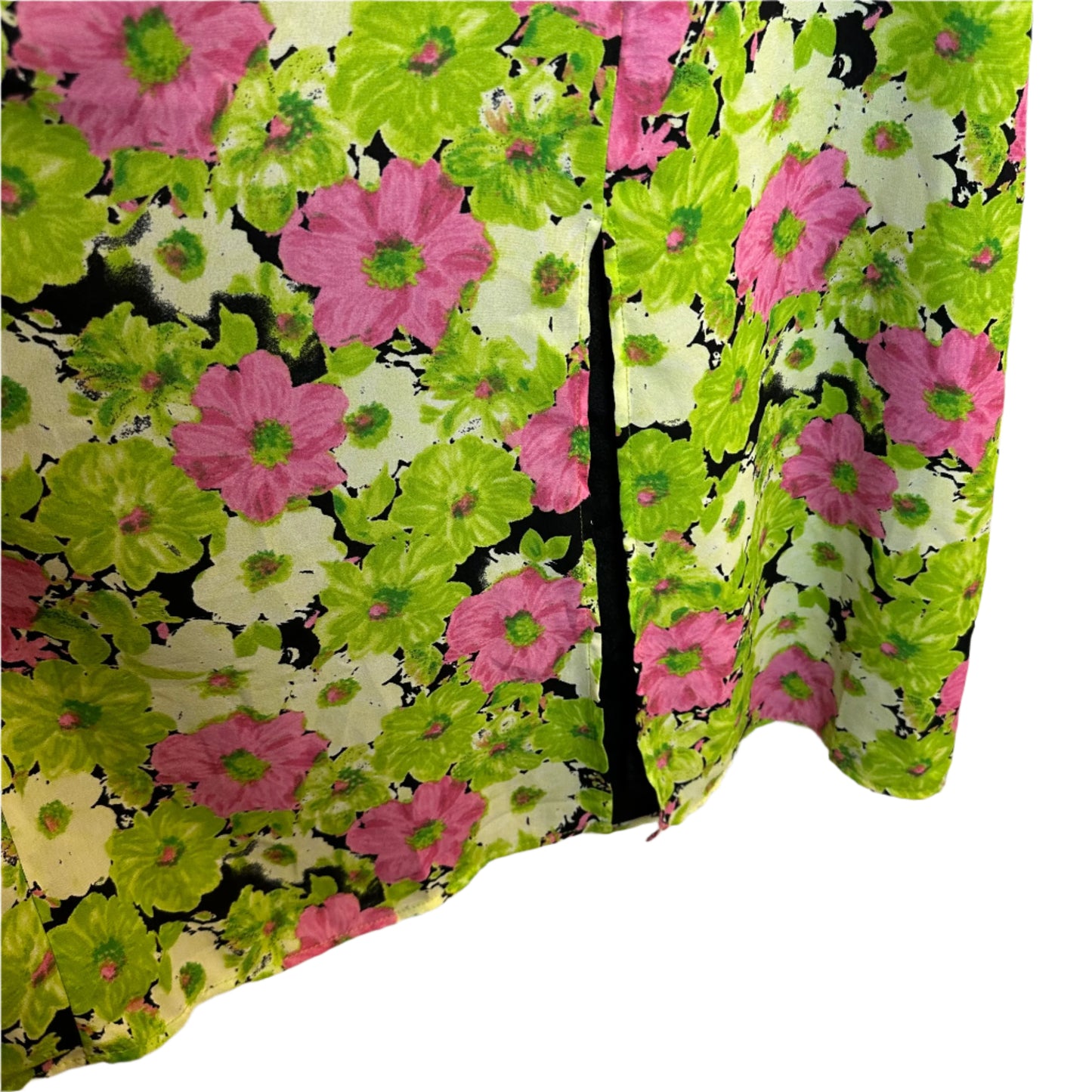 WAYF Floral Midi Dress Surplice Neckline Puff Sleeve Green Pink XS