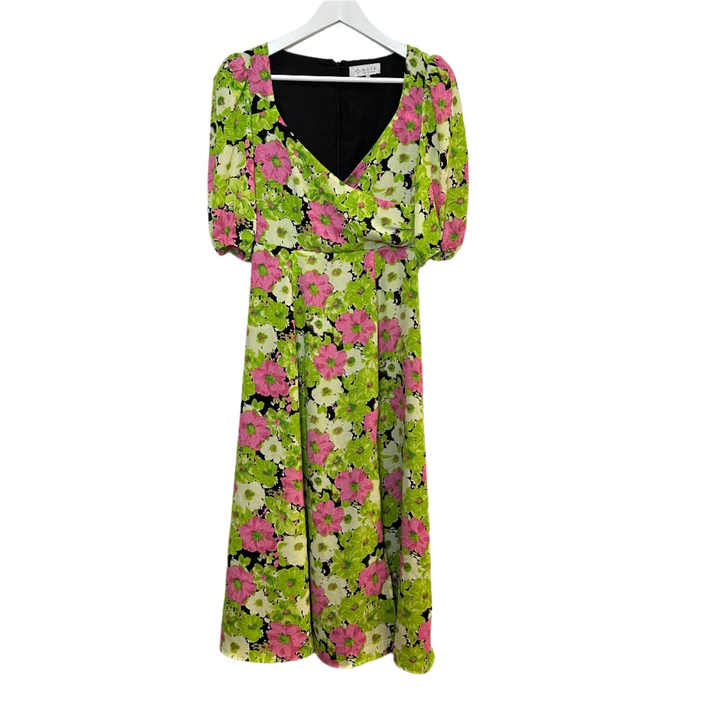 WAYF Floral Midi Dress Surplice Neckline Puff Sleeve Green Pink XS