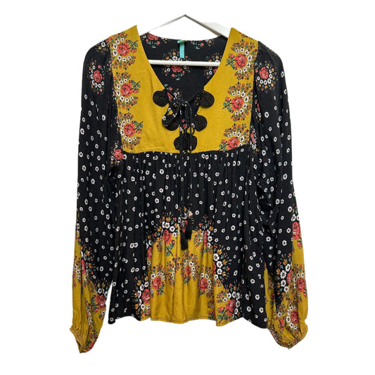 Farm Rio Intarsia Top Long Sleeve Blouse Floral Yellow Black Peasant Boho Small