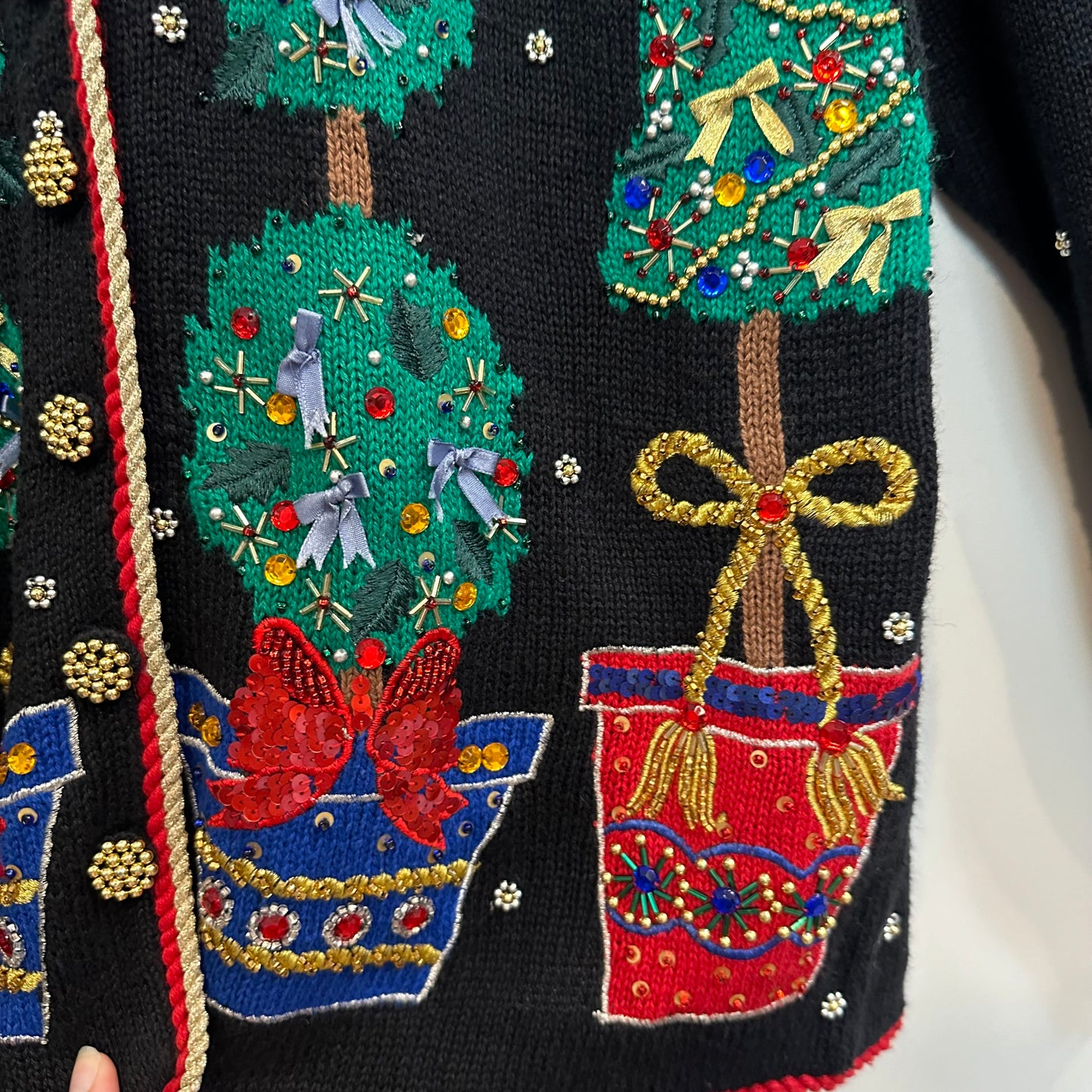 Vintage BellePointe Christmas Cardigan Sweater Beaded Trees Topiary Embroidered Small