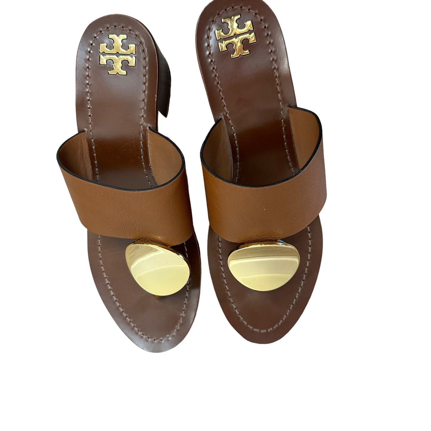 Tory Burch Patos Disk Mid-Heel Sandal Block Brown Leather Gold Retro 8