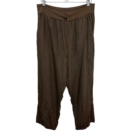 Flax Linen Pants Drawstring Waistband Pull On Brown Tapered Medium