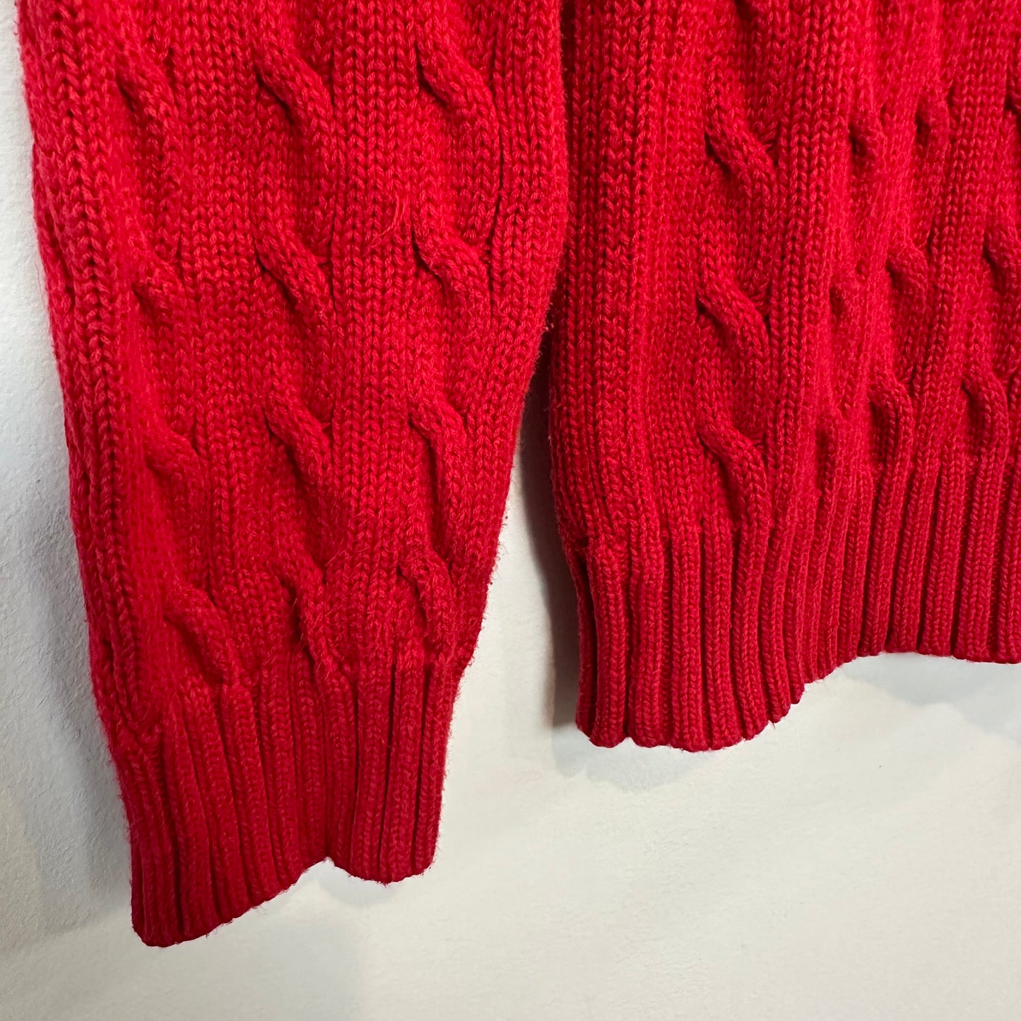 Ralph Lauren Cable-Knit Cotton V-Neck Sweater Red Silver Long Sleeve Large