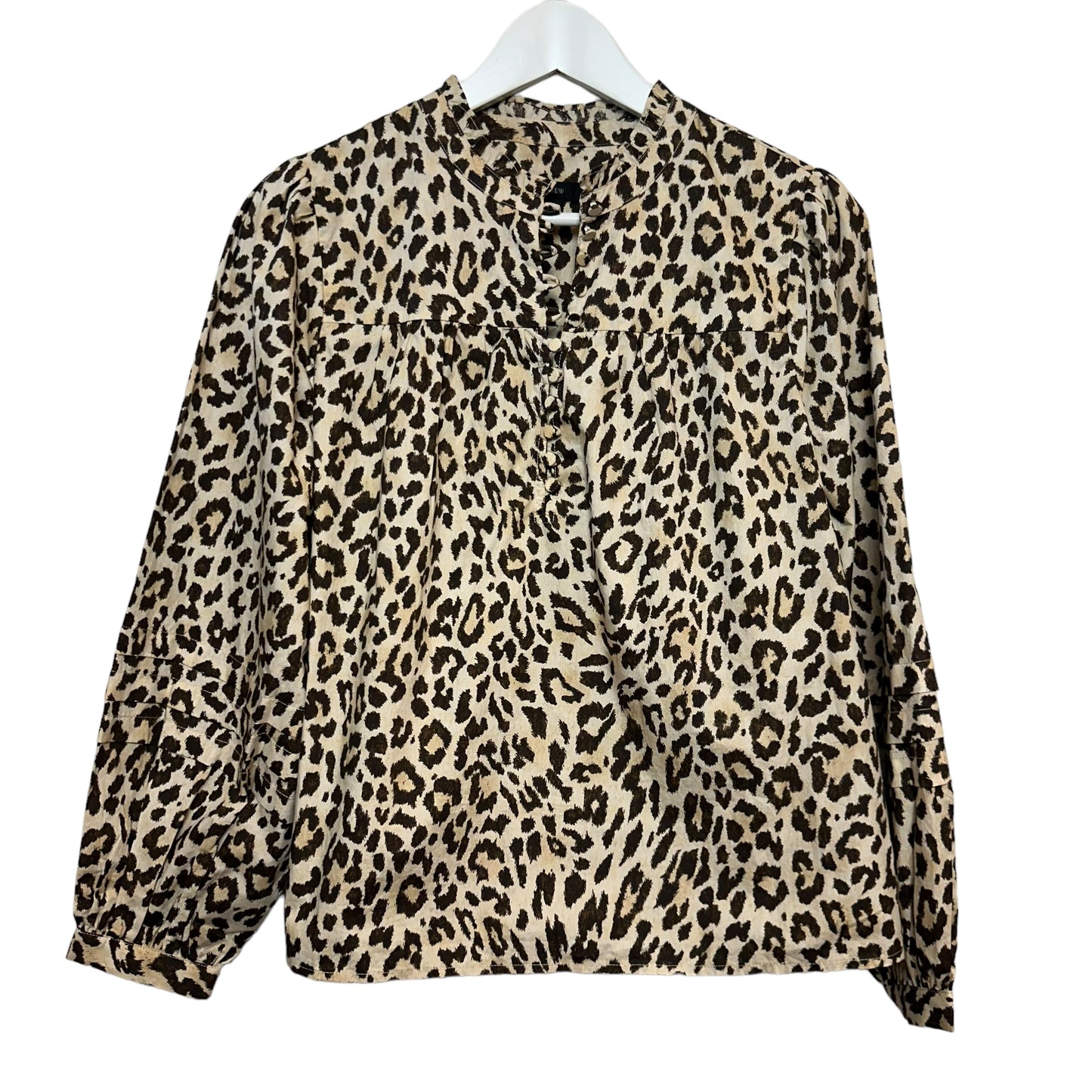 J.Crew Button Front Ruffleneck Popover Blouse Top Leopard Print Cotton Small