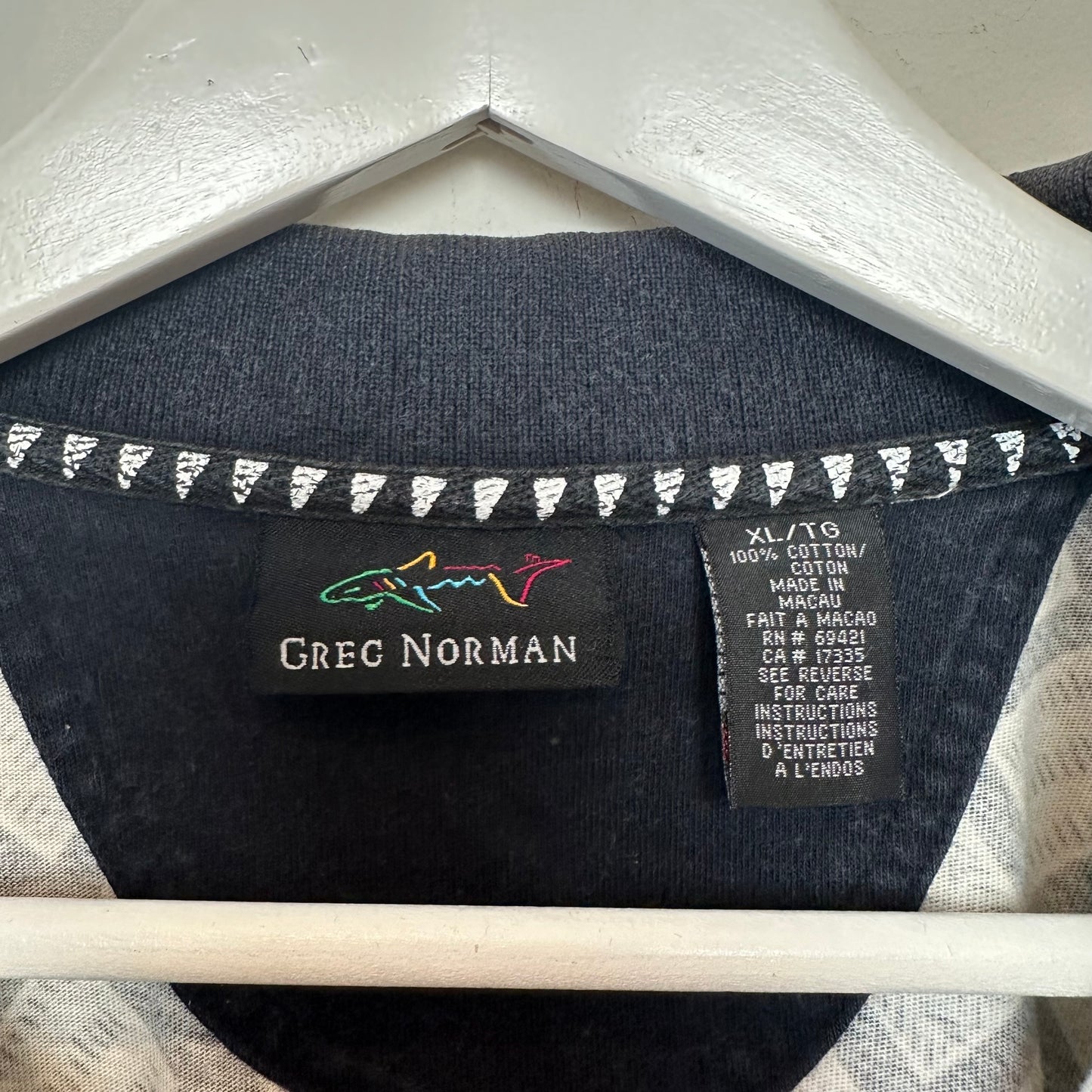 Vintage 90s Greg Norman Polo Shirt Golf Geometric Patterned Black Tan Cotton XL