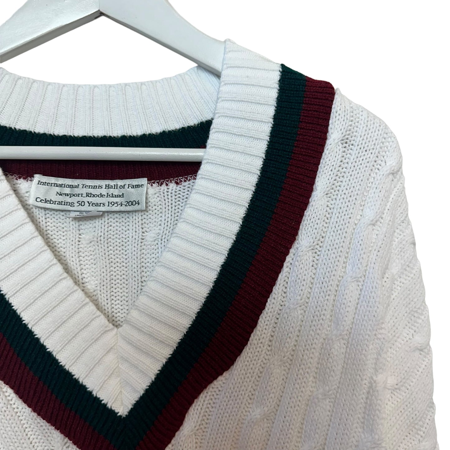 Retro Y2K V-Neck Sweater Tennis Hall of Fame 50th Anniversary White Cable Knit Large