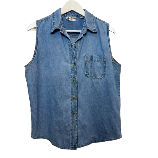 Vintage 90s Bill Blass Jeans Denim Top Sleeveless Collared Button Up Jean Shirt L