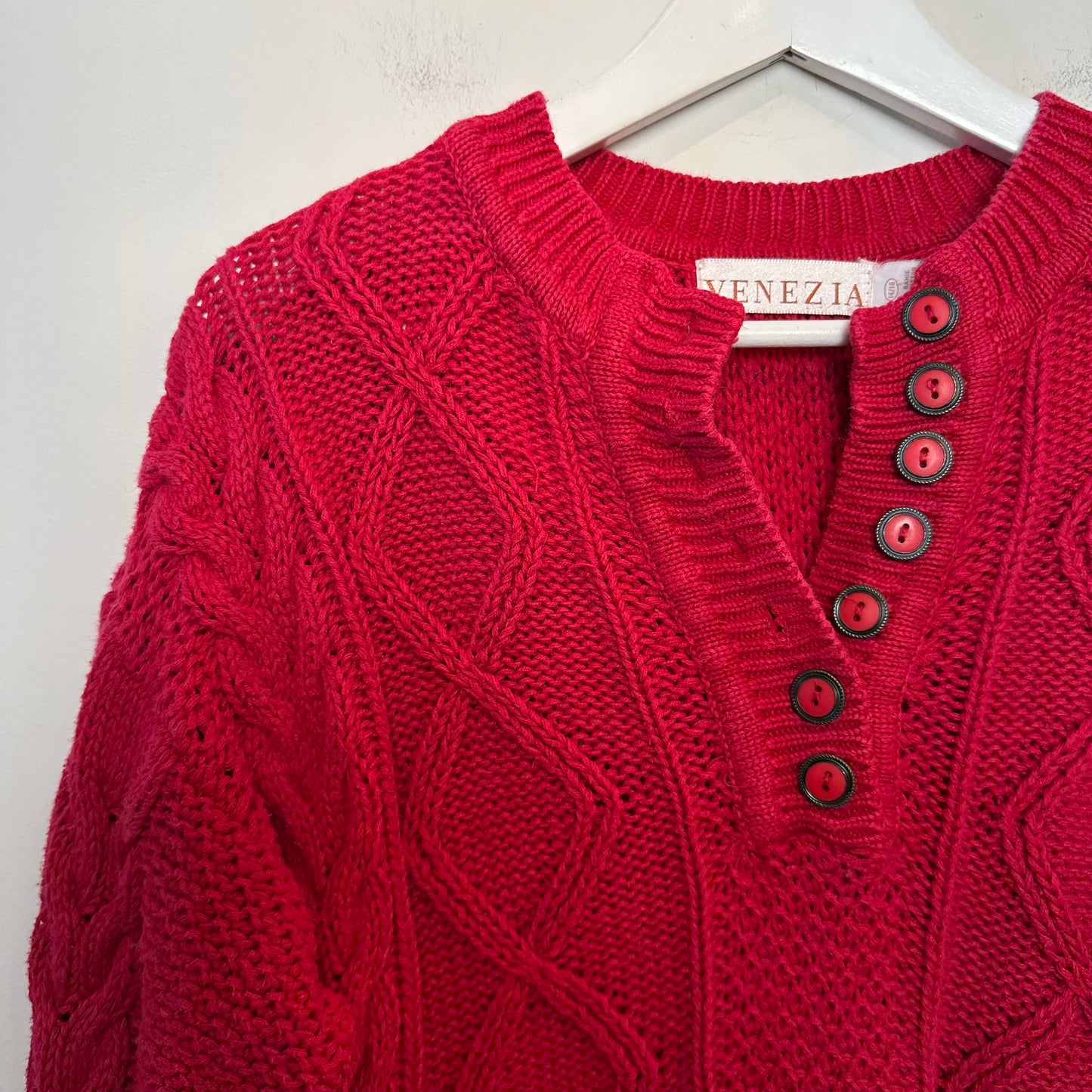 Vintage 90s Venezia Henley Sweater Raspberry Fisherman Cable Knit Chunky 14