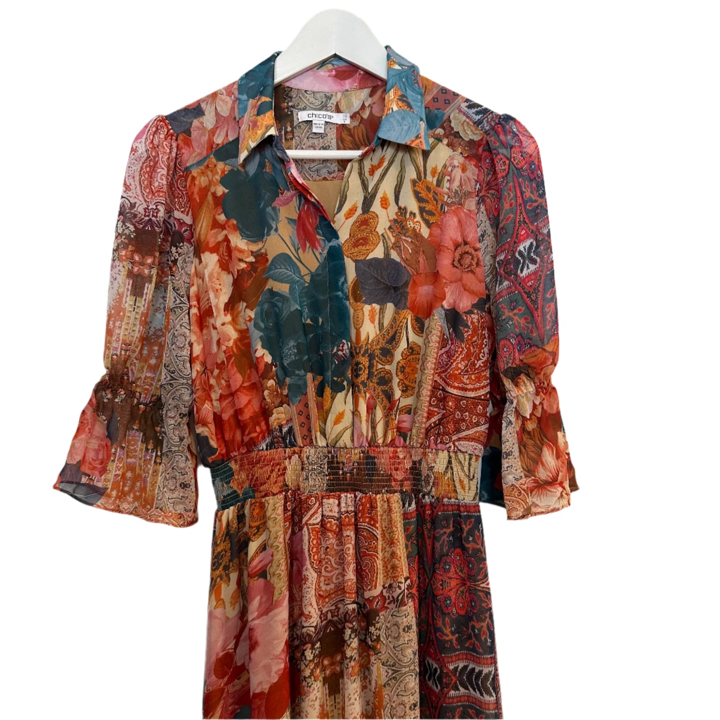 Chico's Tapestry Print Tiered Ruffled Shirt Dress Midi Boho Floral 00 2