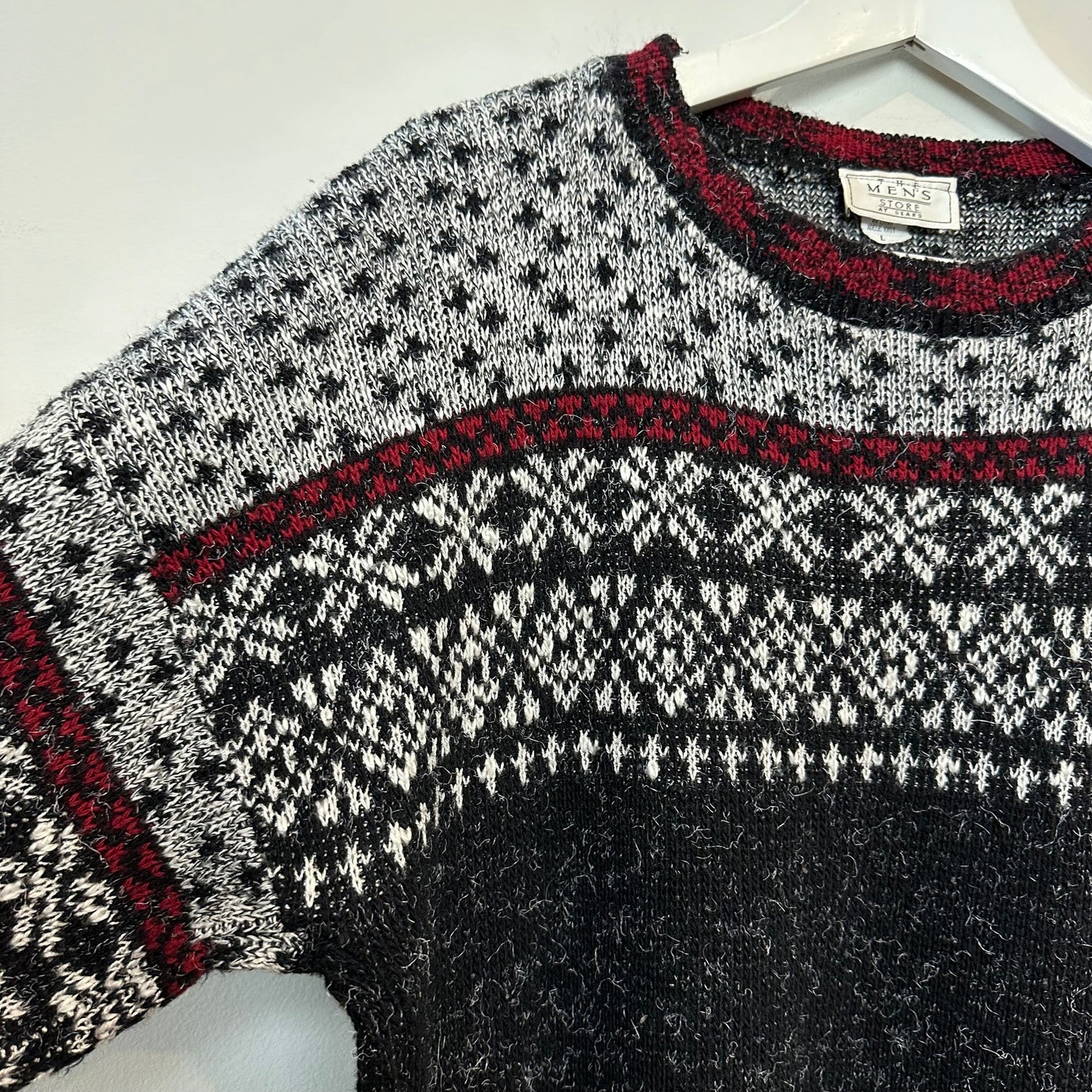 Vintage 80s The Men's Store Sears Sweater Fair Isle Intarsia Ski Red Black Grandpa Large