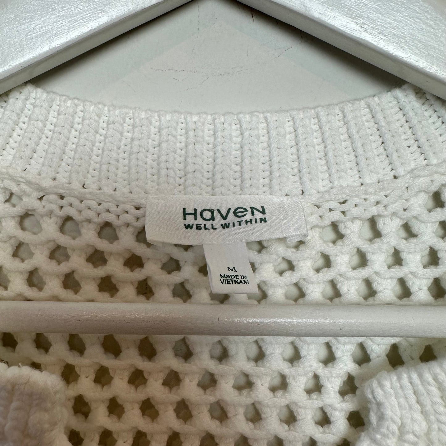 Haven Well Within Knot Stitch Henley Ivory Short Sleeve Open Chunky Knit Medium