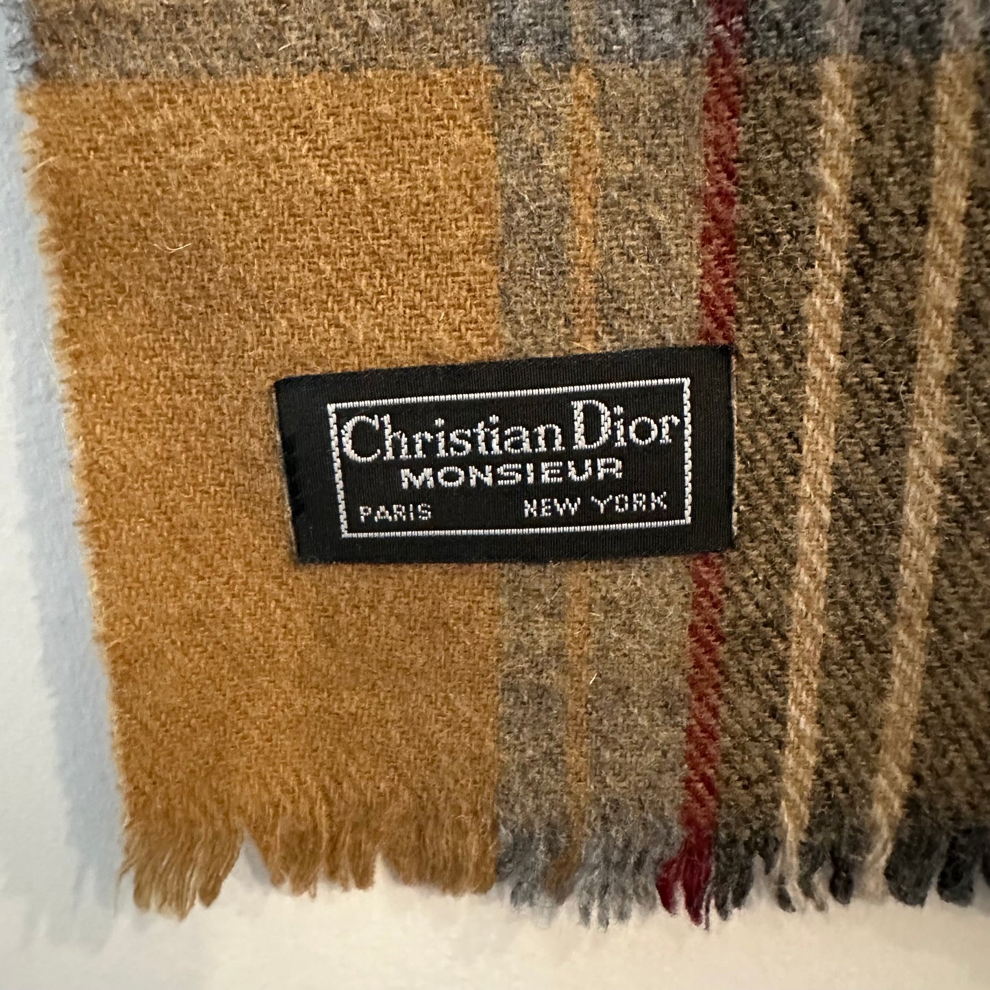 Vintage 1970s Christian Dior Plaid Scarf Brown Grey Burgundy