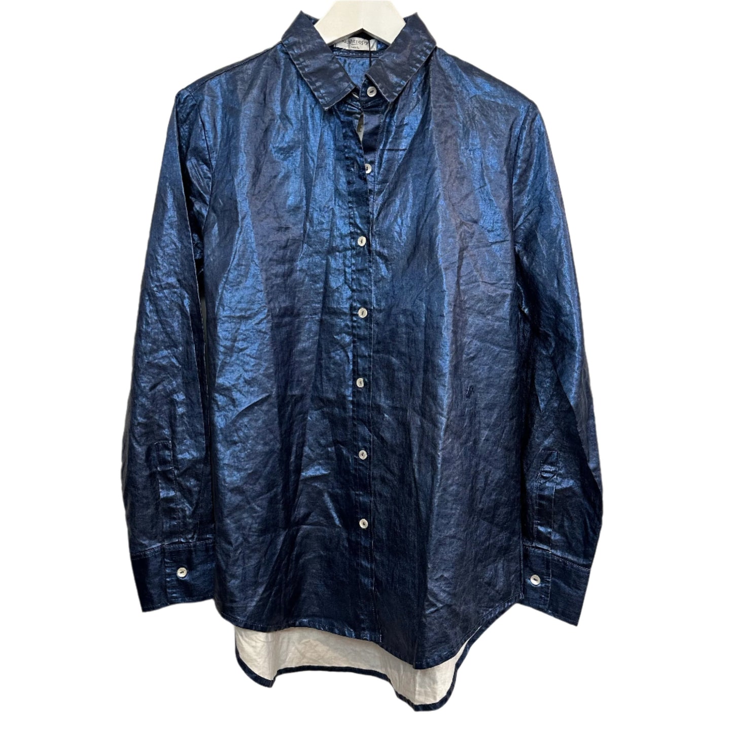 NWT Lanhtropy San Marino Linen Metallic Print Long Sleeve Shirt Collared Deep Blue Large