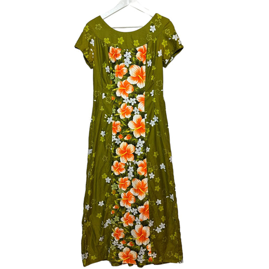 Vintage 60s Ui-Maikai Hawaiian Dress Maxi Hibiscus Green Orange Floral Small