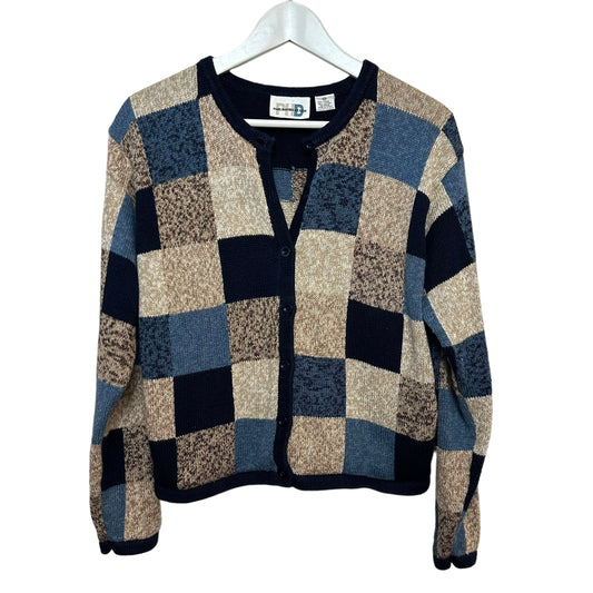 Vintage 90s Paul Harris Design Checkered Knit Cardigan Sweater Blue Beige Medium