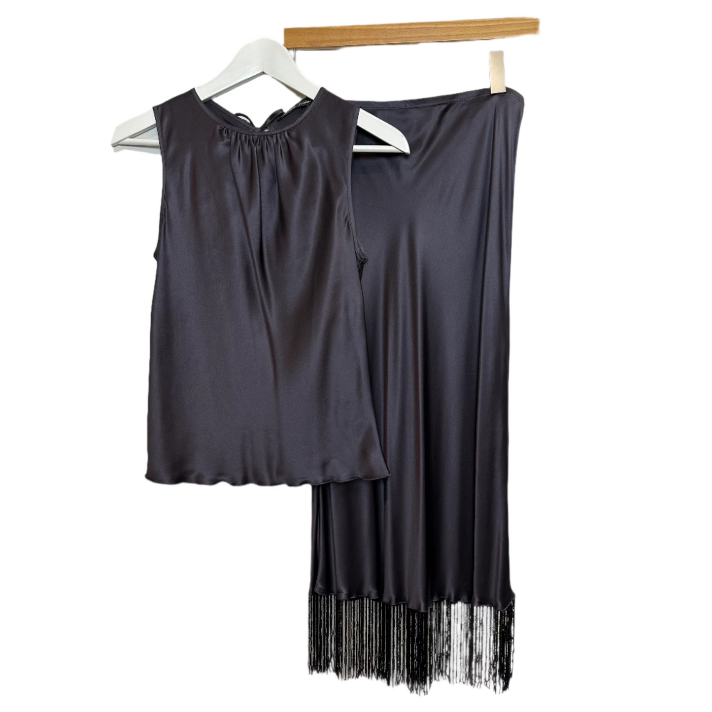 Jaloux / Zalu Silk Matching Set Top and Slip Skirt Beaded Fringe Grey Small