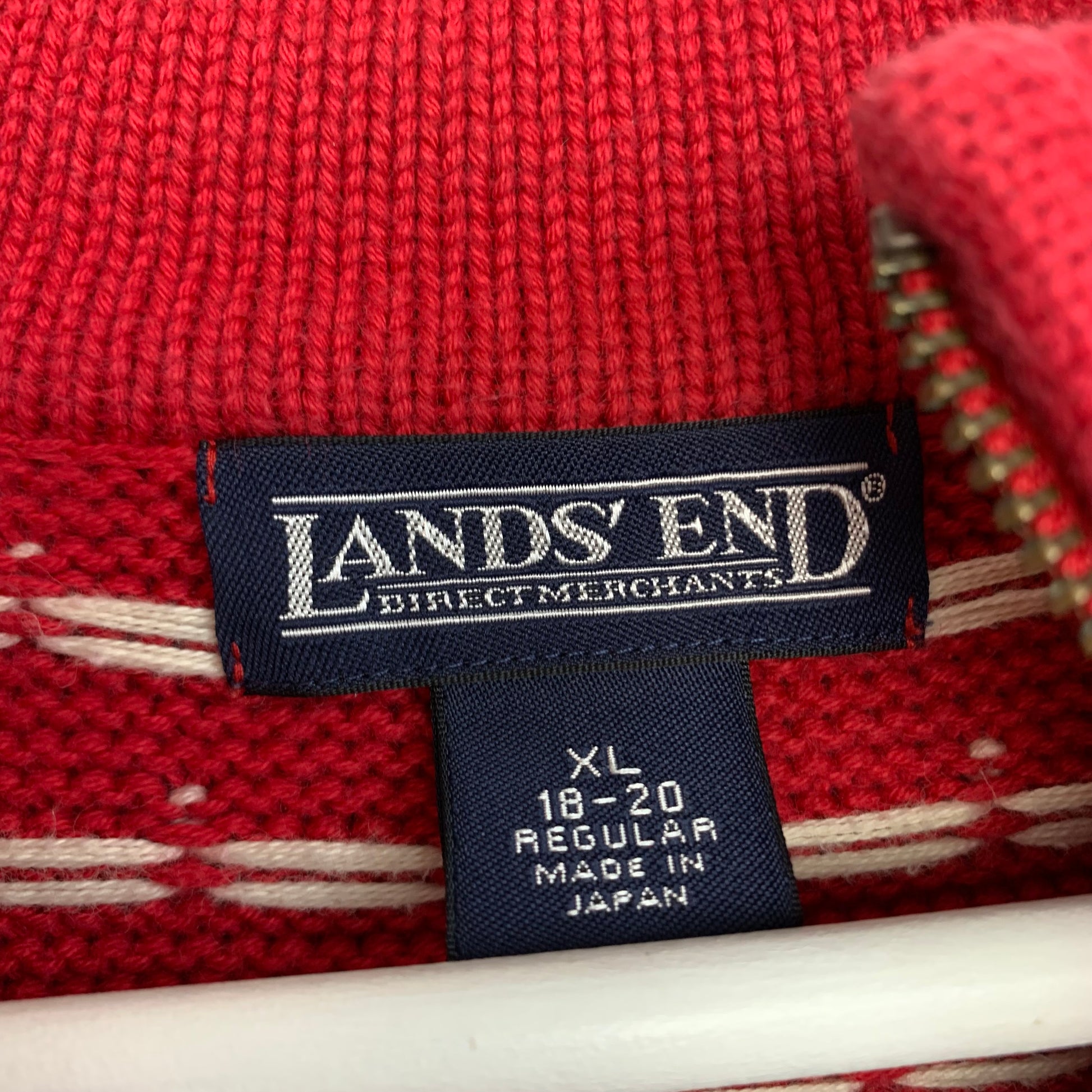 90s Lands' End Red Chunky Knit Sweater Fair Isle Nordic Cotton Half Zip  Pullover Size XL