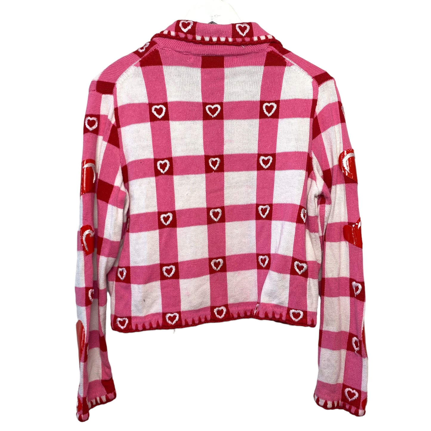 Vintage 90s Michael Simon Pink Hearts Cardigan Sweater Pink Red Checkered Valentines Small