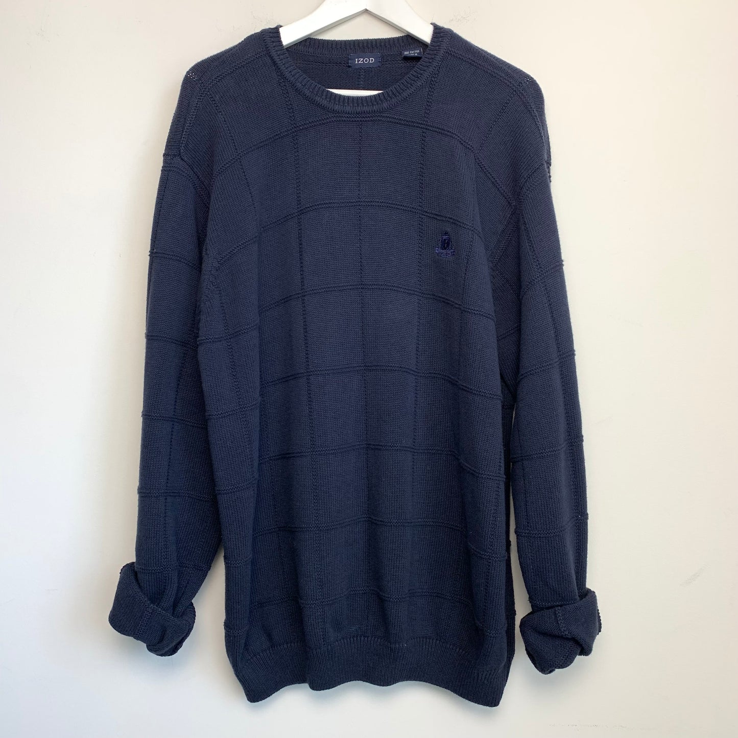 90s Izod Navy Blue Chunky Knit Grandpa Sweater Cotton Windowpane XL