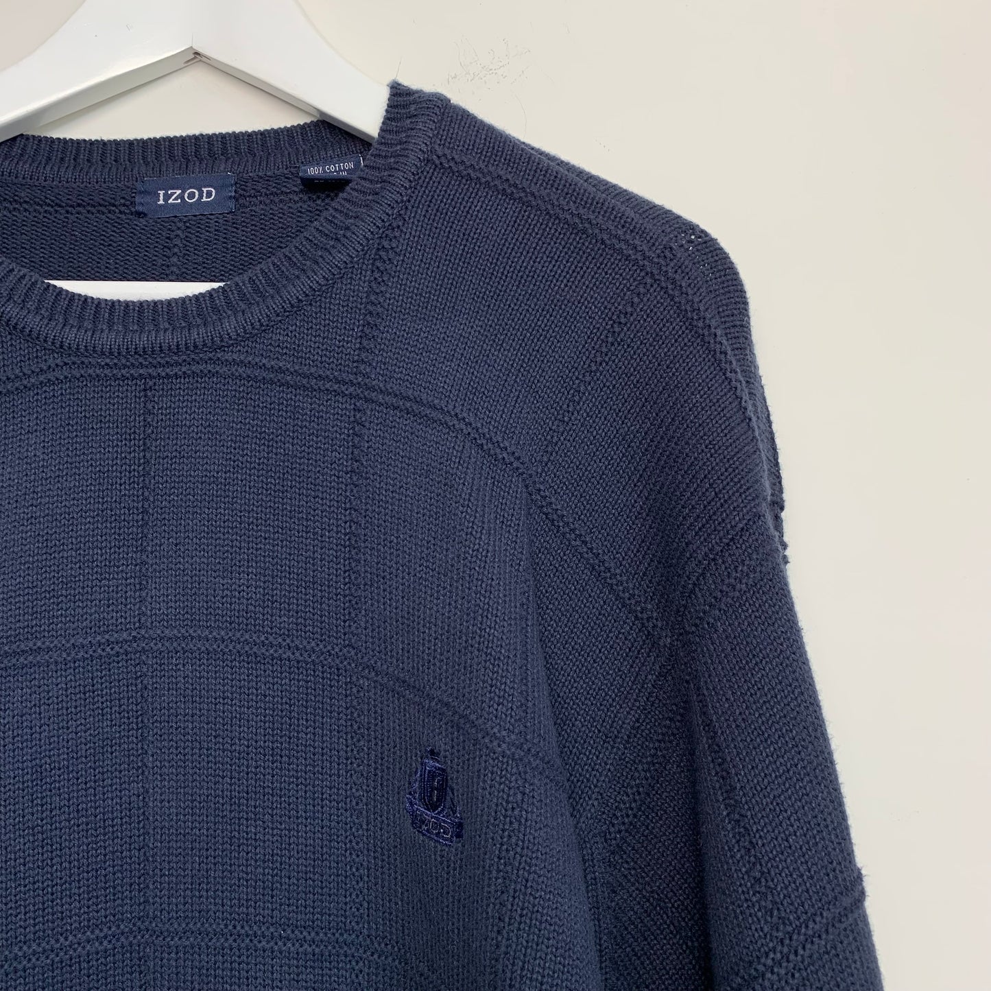 90s Izod Navy Blue Chunky Knit Grandpa Sweater Cotton Windowpane XL