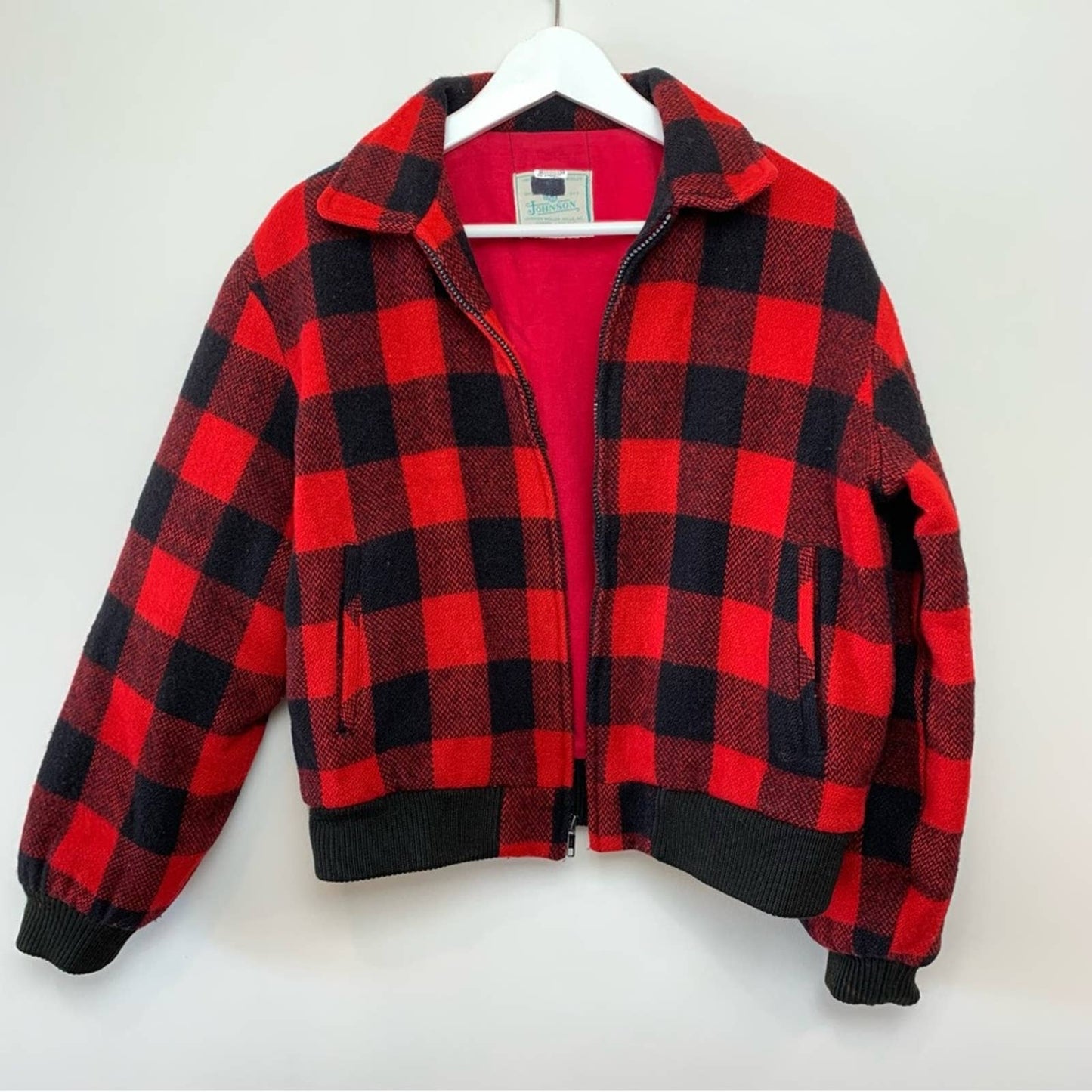 Vintage Johnson Wool Buffalo Plaid Bomber Jacket Red Black Checkered Small